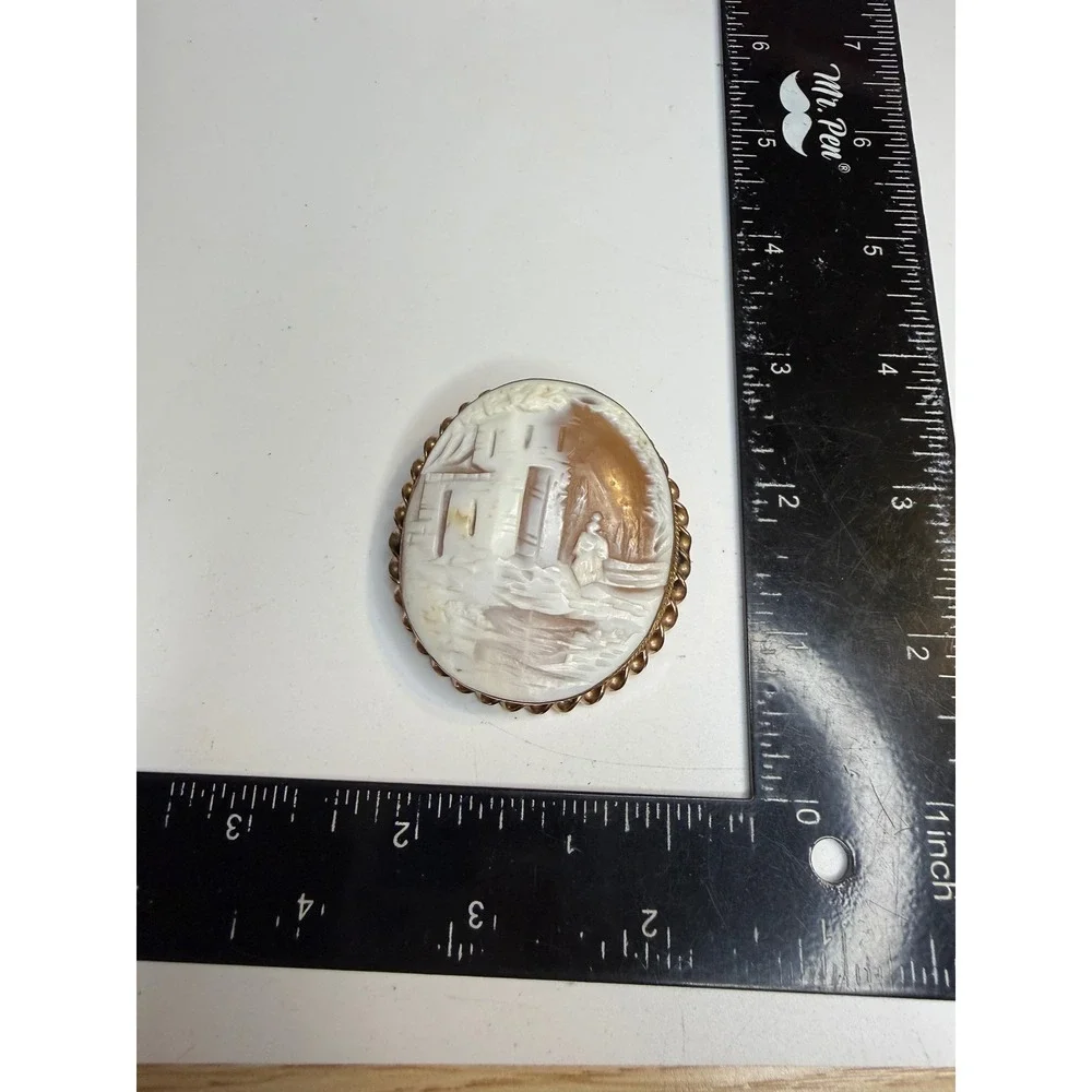 Antique Shell Cameo Brooch Hand Carved Village Landscape Gold Tone Frame